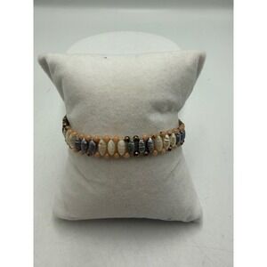 Handmade Beaded Rice Pearl Bracelet Peach Grey Cream Boho 7.5 Inch‎